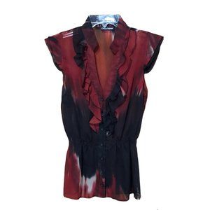 Cotton Express Women Sheer Peplum Top, Button Up Ruffle Front, Wine Red & Black